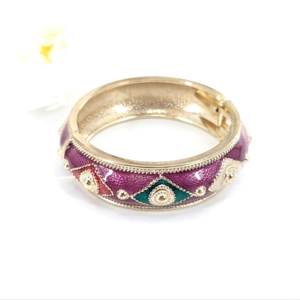 Vintage Ni Signed Hinge Cuff Enamel Jewel Tone Hinge Purple Gold Bracelet 7.5"